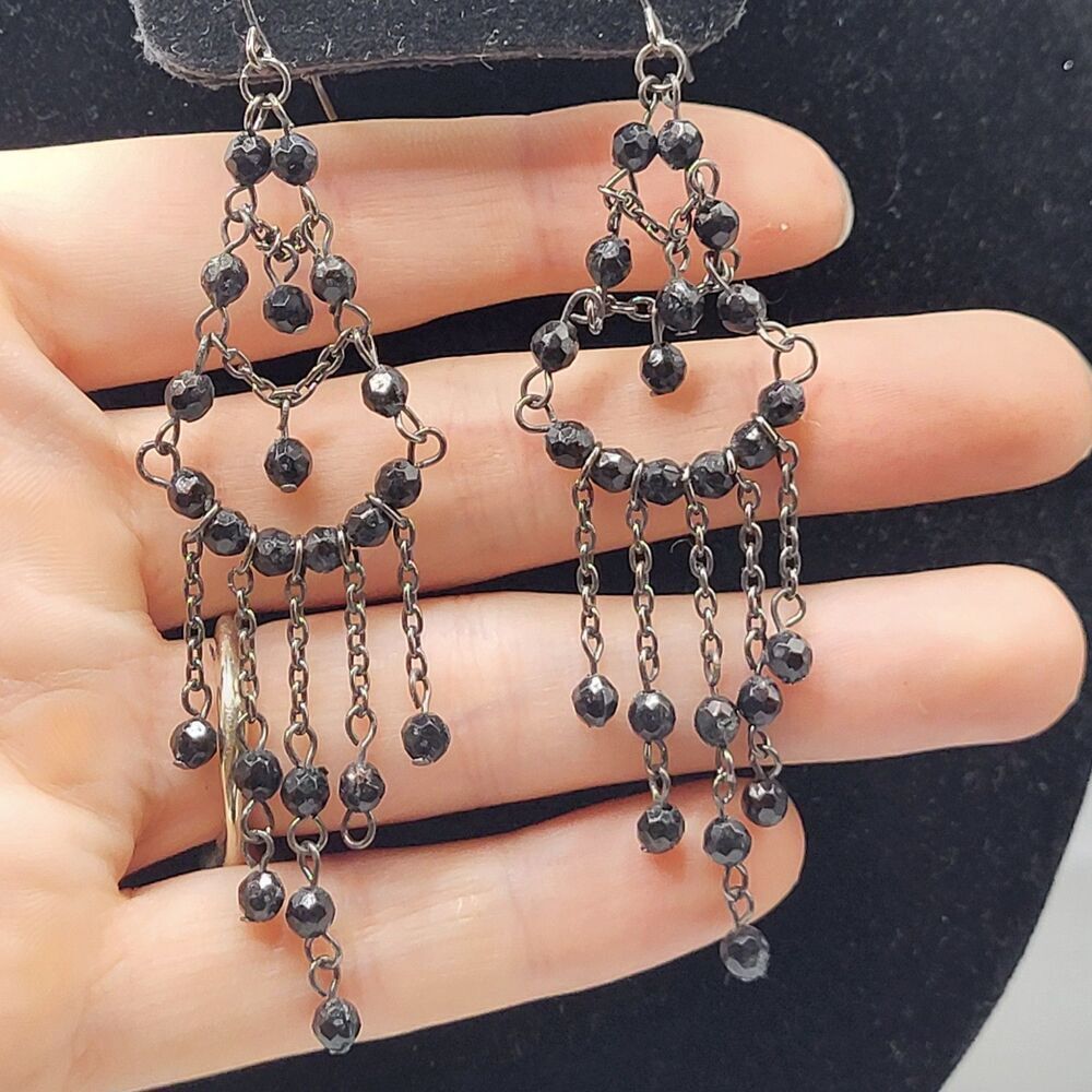 Vintage Y2K Bohemian Black Gunmetal tone Chandelier Earrings 3.5in